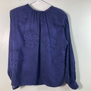 Perry Ellis Silk Blouse Top Back Button Navy‎ Blue Floral Jacquard Size 8